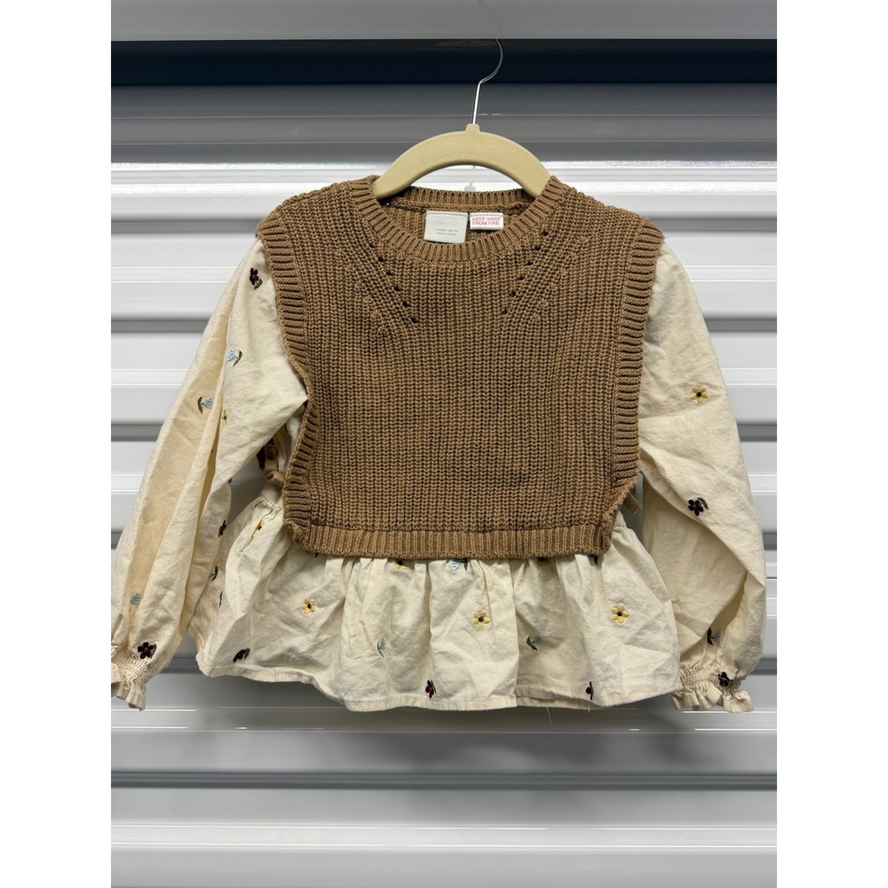 Zara Kids Girls Floral Embroidered Blouse with Knit Sweater Vest Brown Cream 4Y